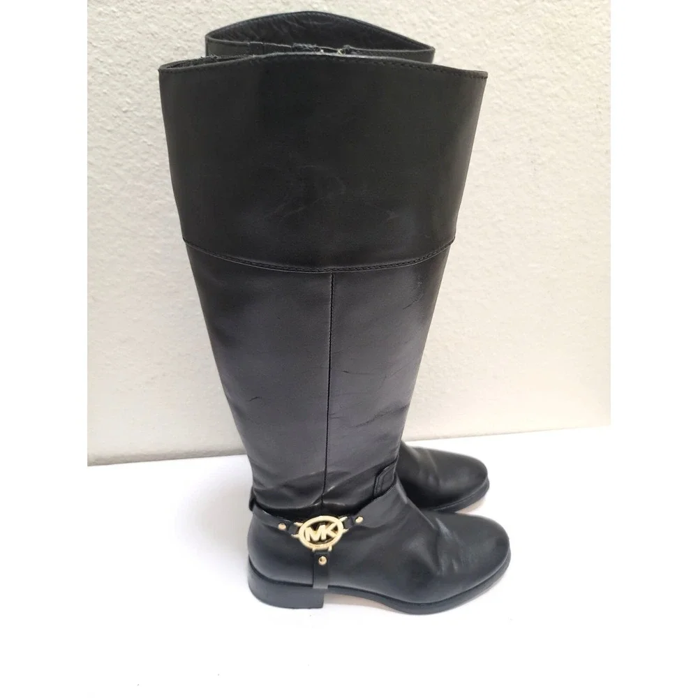 Michael Kors Womens Black Leather Knee-High Riding Boots With Gold MK Logo & Sid